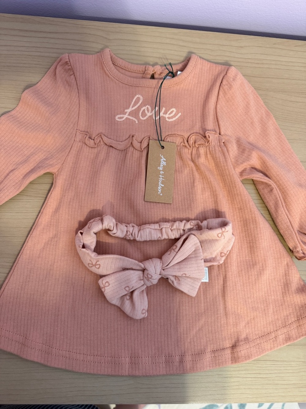 Peach 'Love' Ribbed Baby Dress with Bow Headband